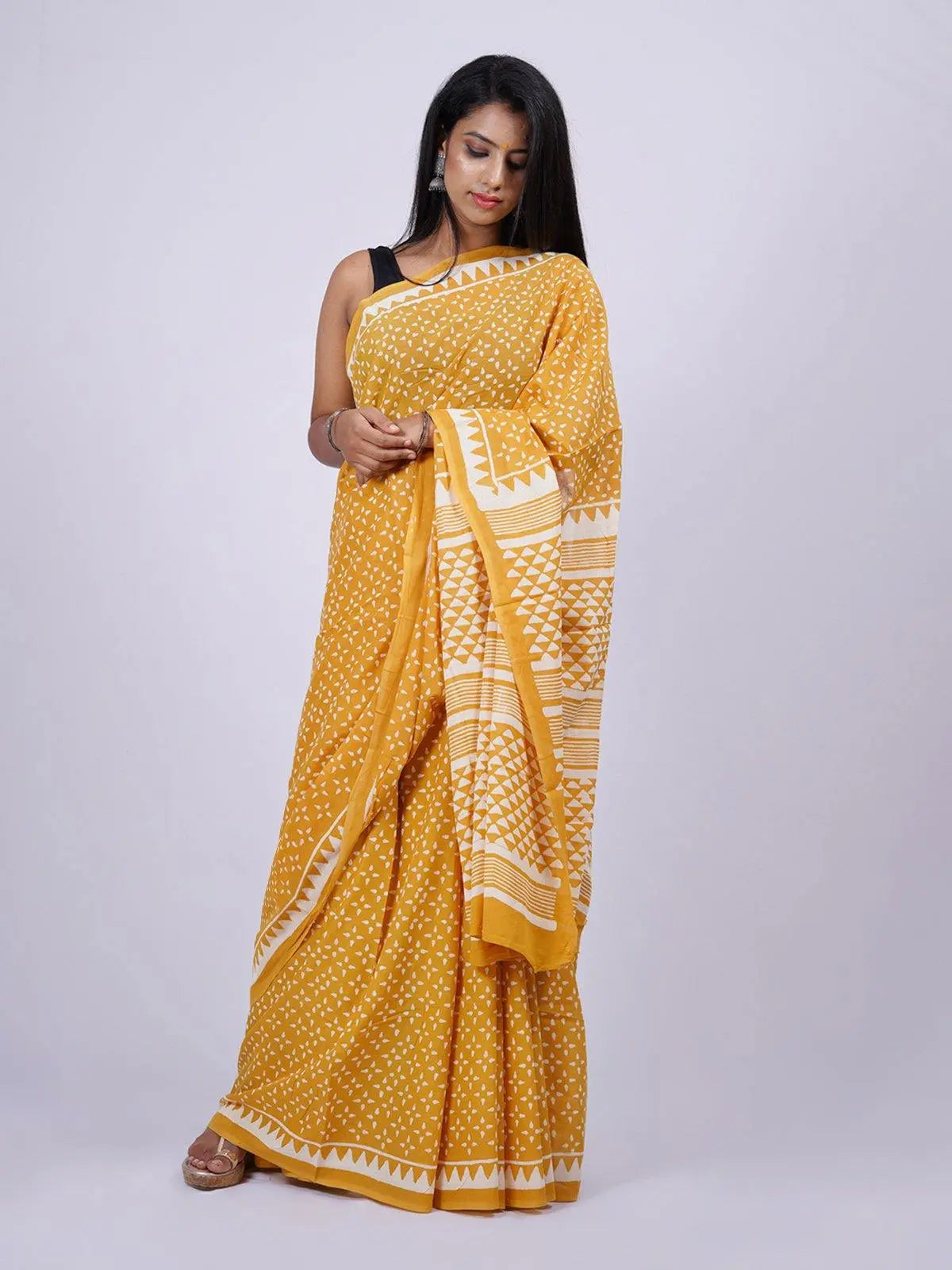 Soft Cotton Voile Yellow Handblock Print Saree - S4 – Label Veena