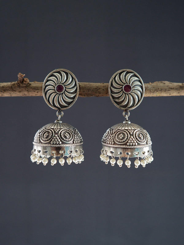 Silver Toned (Oxidized) Zumkas With Red Stone - J4 Label Veena