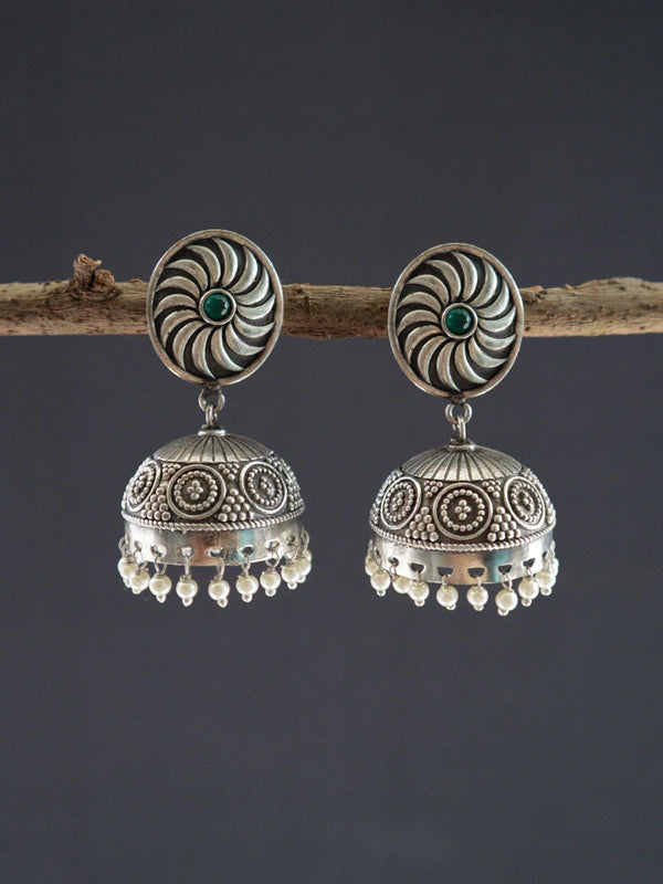 Silver Toned (Oxidized) Zumkas With Green Stone - J5 Label Veena