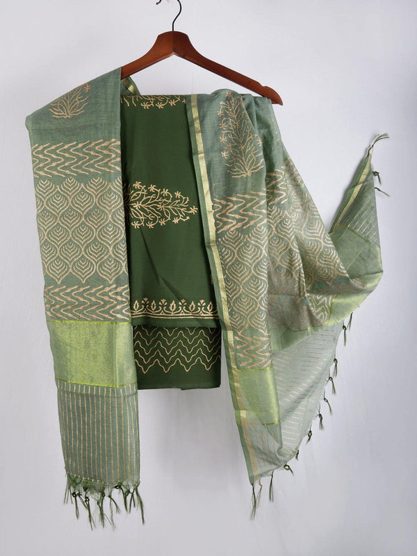 Green Cotton Suit Set With Kota Silk Dupatta - DM4 Label Veena