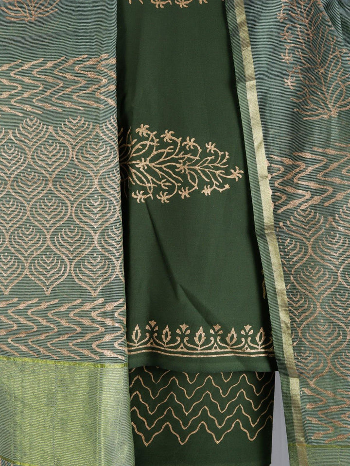 Green Cotton Suit Set With Kota Silk Dupatta - DM4 Label Veena