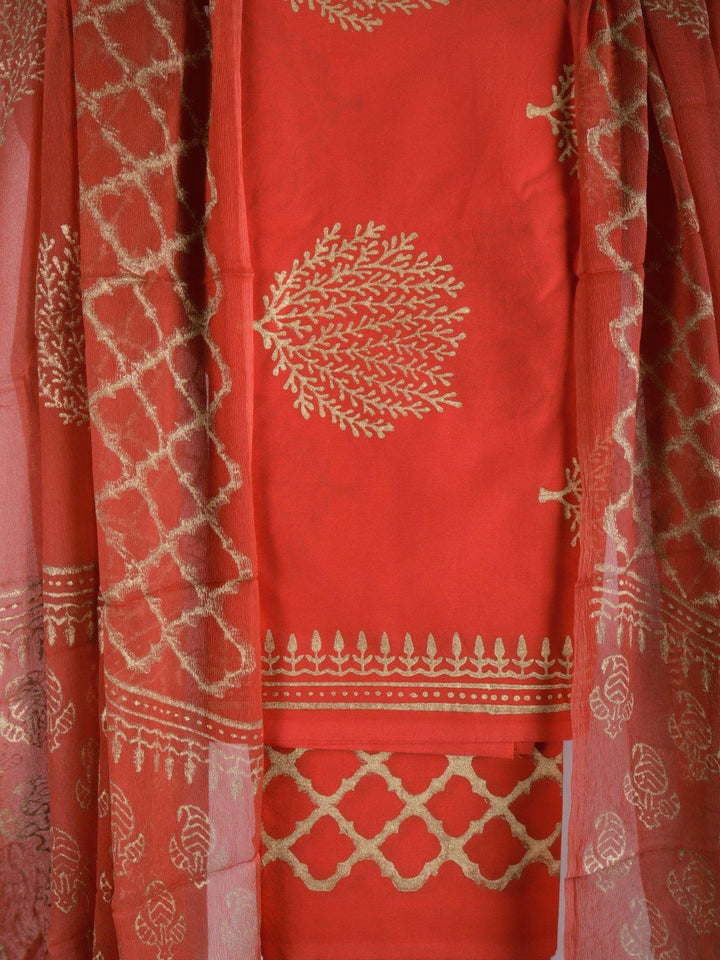 Red Cotton Suit Set With Chiffon Dupatta - DM7 Label Veena