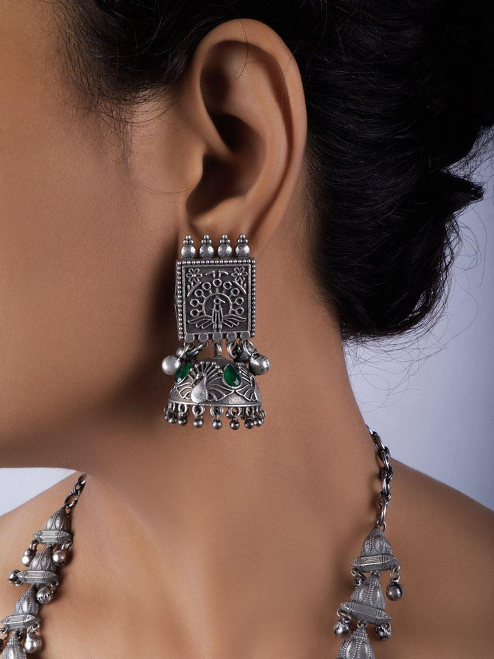 Silver Toned (Oxidized) Earrings With Green Stone and Necklace - J15 Label Veena