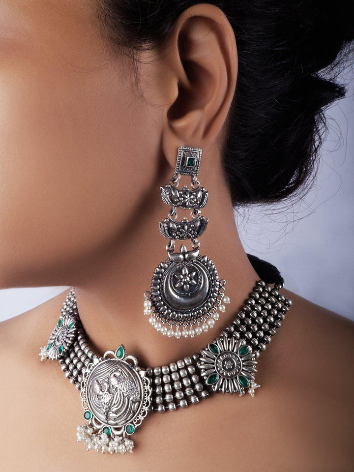 Silver Toned (Oxidized) Earrings and Chocker With Green Stone  - J18 Label Veena