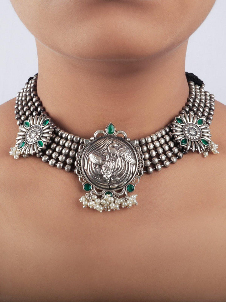 Silver Toned (Oxidized) Earrings and Chocker With Green Stone  - J18 Label Veena