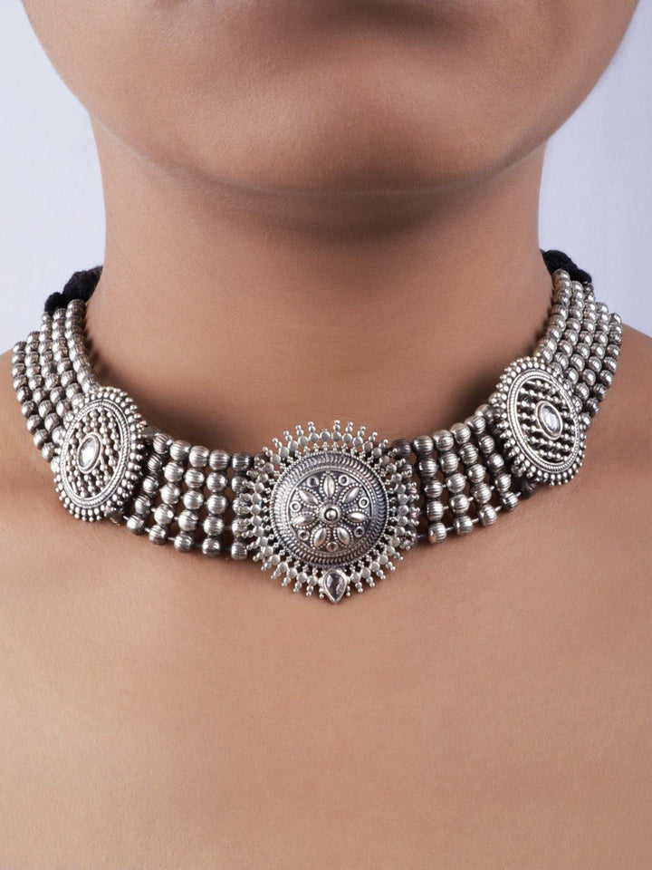 Silver Toned (Oxidized) Stud and Chocker - J17 Label Veena