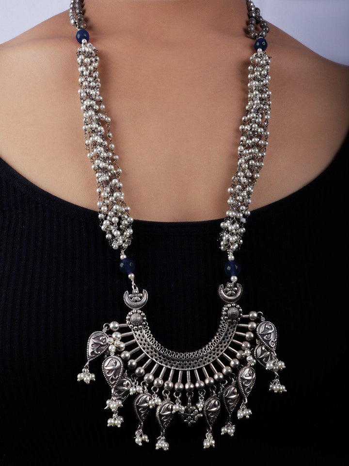 Silver Toned (Oxidized) Necklace With Blue Beads - J14 Label Veena