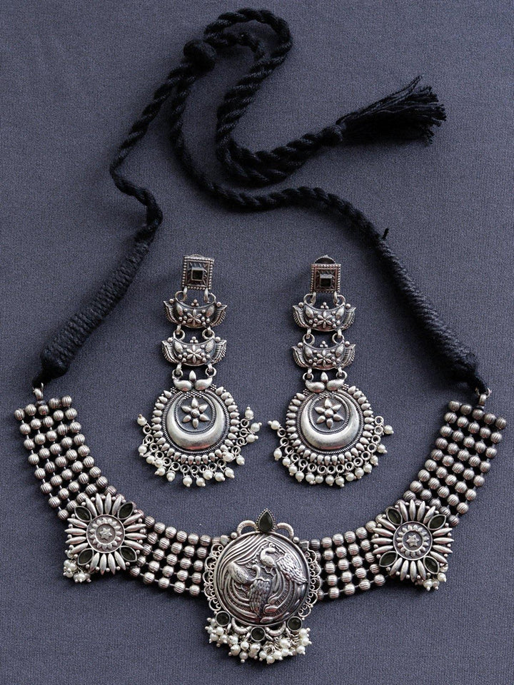 Silver Toned (Oxidized) Earrings and Chocker With Black Stone - J19 Label Veena