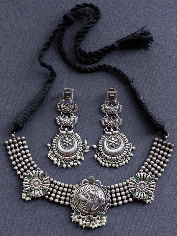 Silver Toned (Oxidized) Earrings and Chocker With Green Stone  - J18 Label Veena