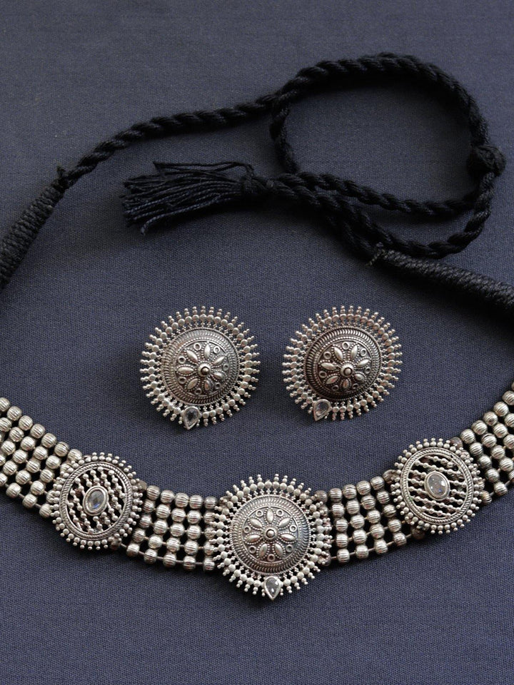 Silver Toned (Oxidized) Stud and Chocker - J17 Label Veena