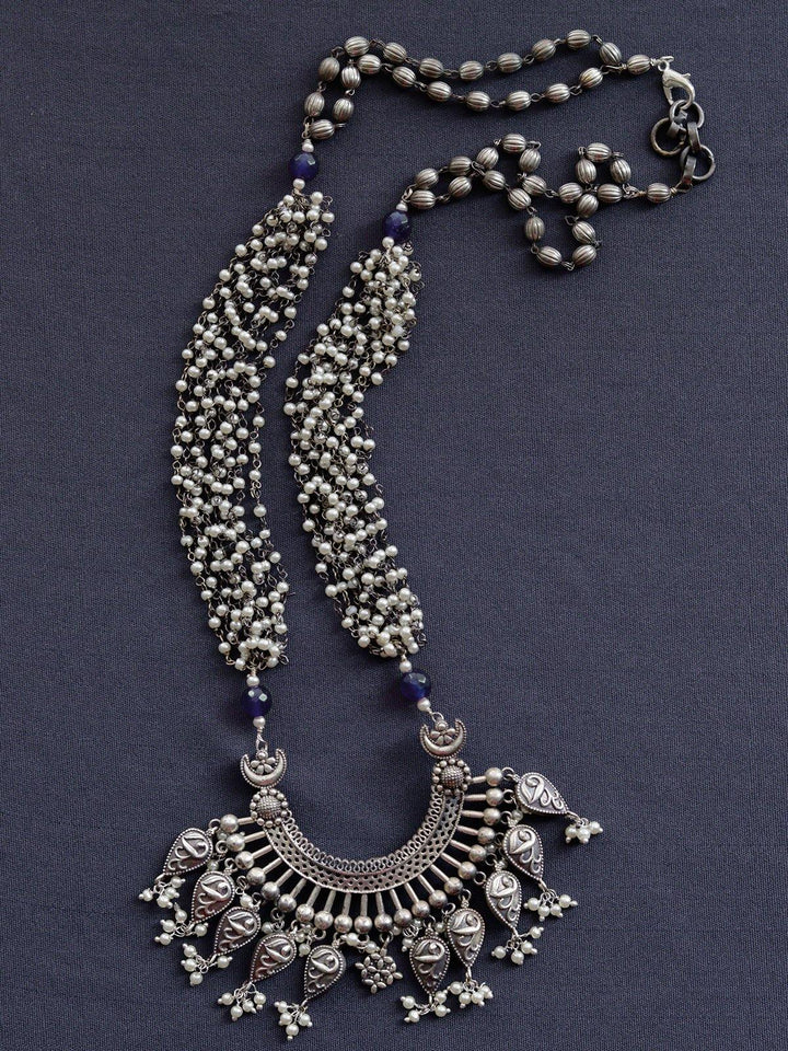 Silver Toned (Oxidized) Necklace With Blue Beads - J14 Label Veena