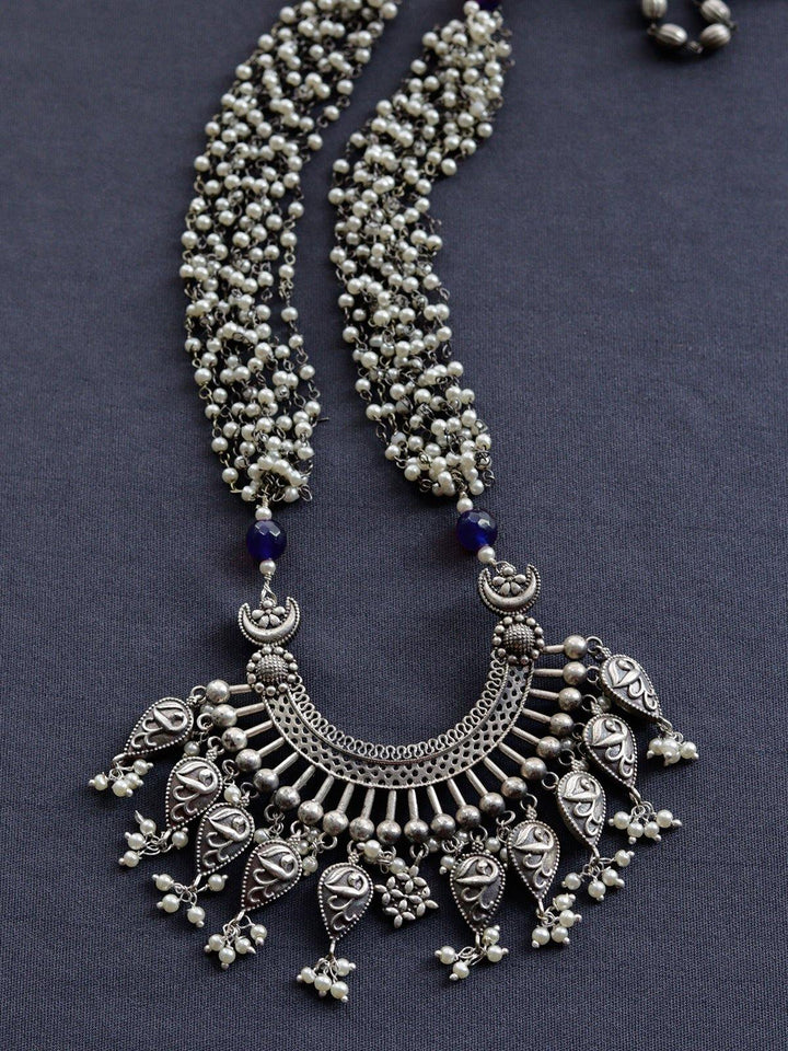 Silver Toned (Oxidized) Necklace With Blue Beads - J14 Label Veena