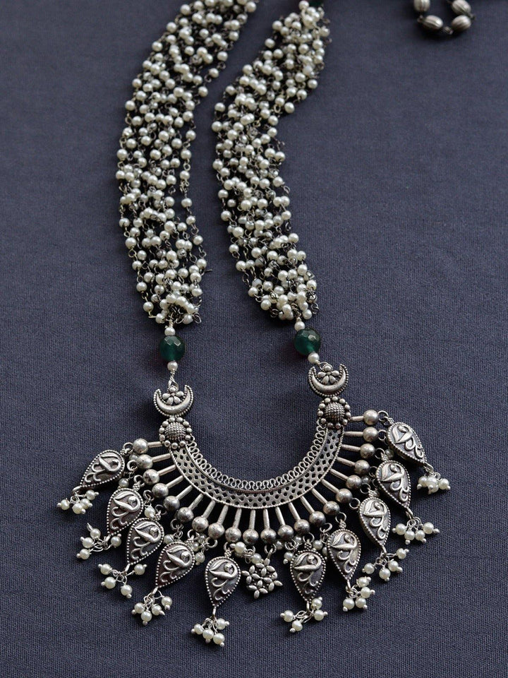 Silver Toned (Oxidized) Necklace With Green Beads - J13 Label Veena