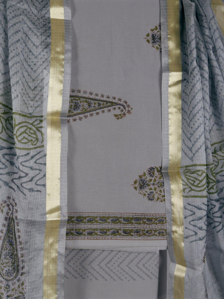 Ash Grey Cotton Suit Set With Kota Silk Dupatta - DM24 Label Veena