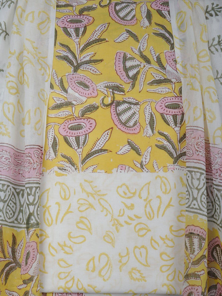 Yellow Cotton Suit Set With Chiffon Dupatta - DM27 Label Veena