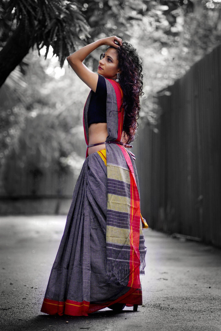 Traditional Grey Patteda Anchu Cotton Saree - S61 Label Veena