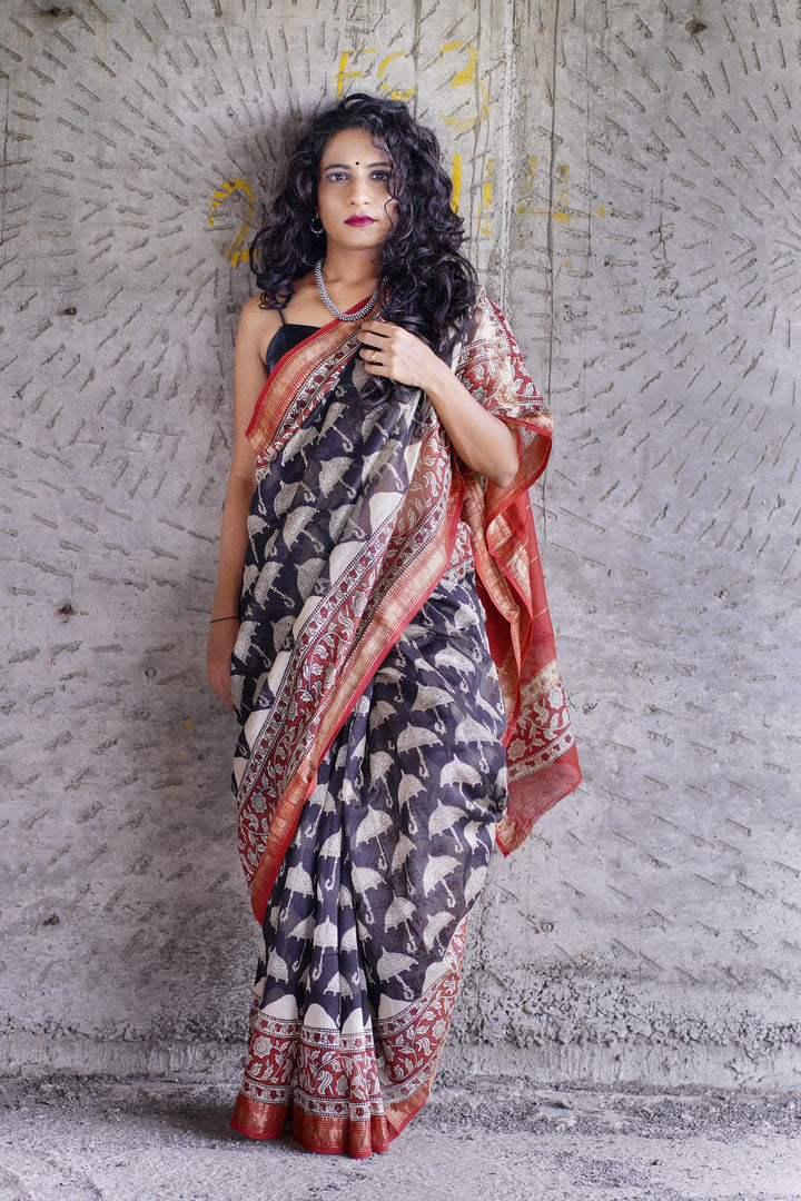 Handwoven Black Maheshwari Silk Saree - S62 Label Veena