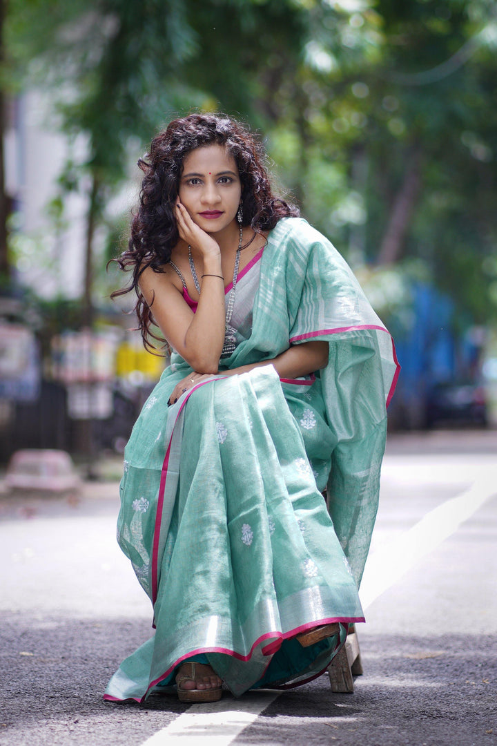 Green Pure Linen Saree With Flower Embroidery - S38 Label Veena