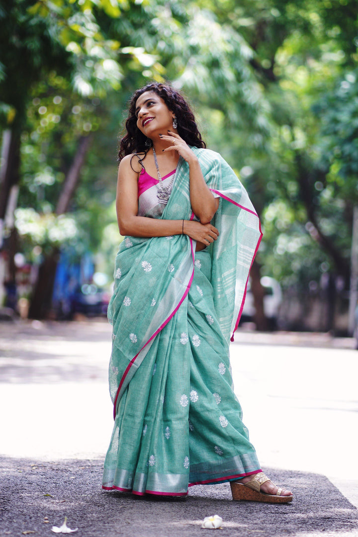 Green Pure Linen Saree With Flower Embroidery - S38 Label Veena