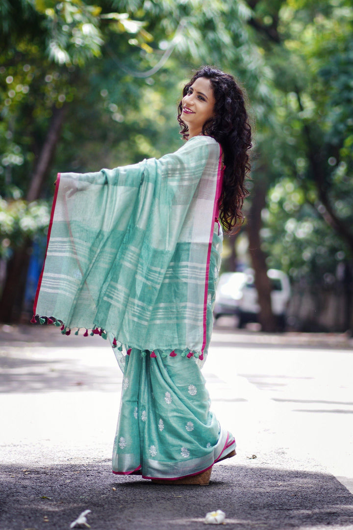 Green Pure Linen Saree With Flower Embroidery - S38 Label Veena