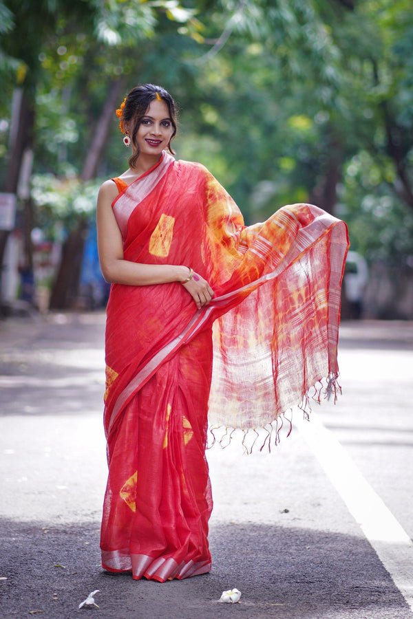 Red Khadi Linen Shibori Print Saree - S64 Label Veena