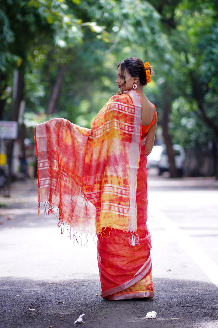 Red Khadi Linen Shibori Print Saree - S64 Label Veena