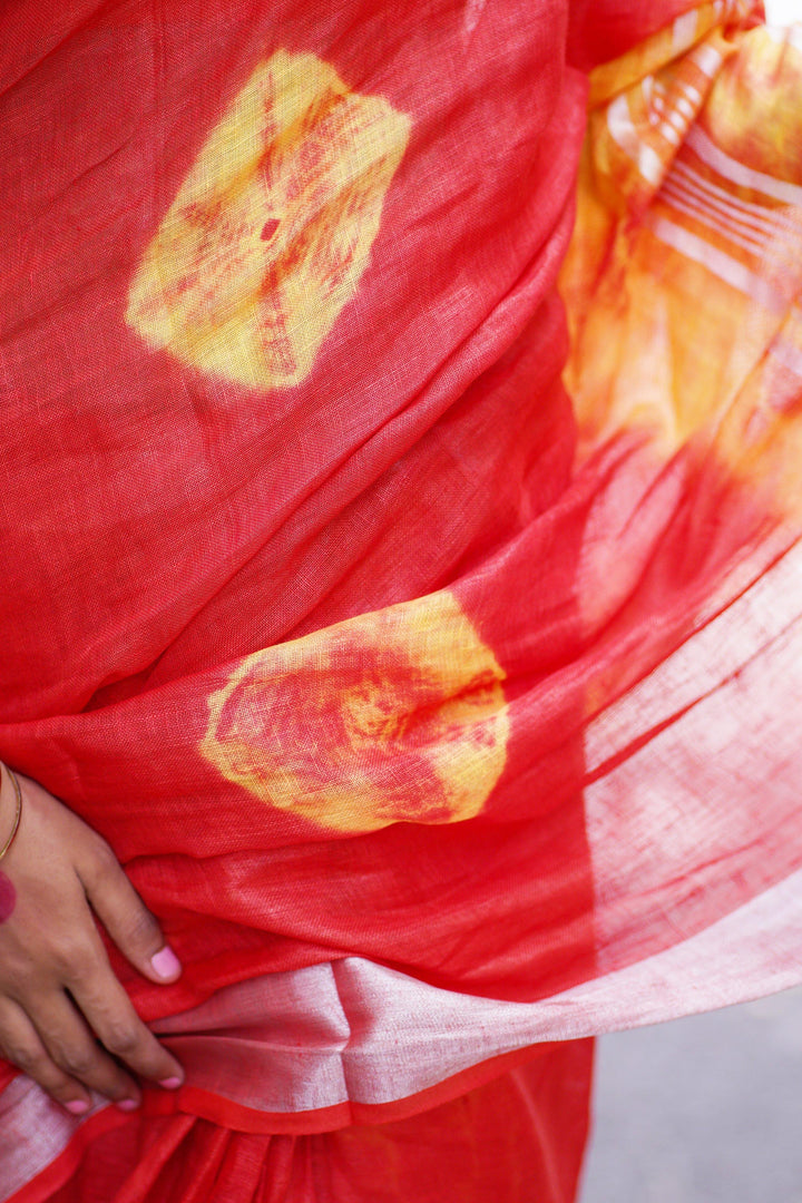 Red Khadi Linen Shibori Print Saree - S64 Label Veena