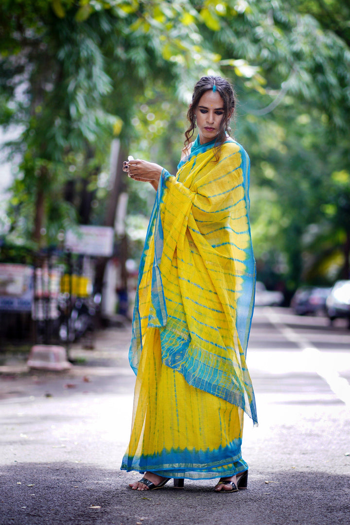 Yellow and Blue Kota Doria Saree - S65 Label Veena