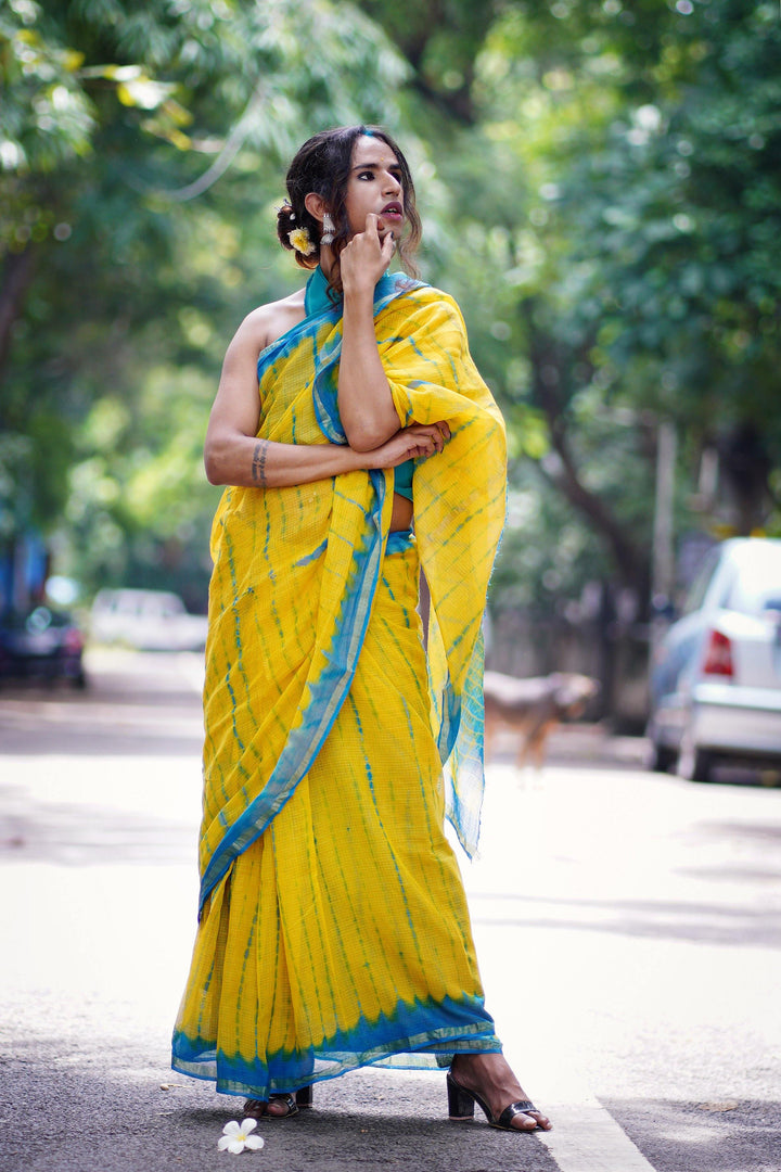 Yellow and Blue Kota Doria Saree - S65 Label Veena