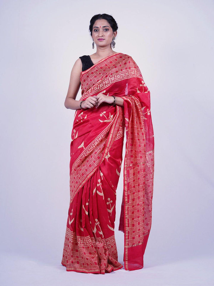 Red Handblock Printed Chanderi Saree - S31 Label Veena