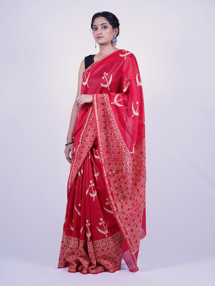 Red Handblock Printed Chanderi Saree - S31 Label Veena