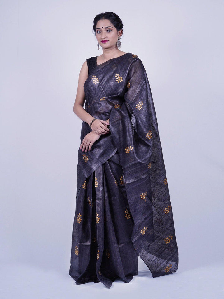 Black Tussar Ghicha Silk Saree - S32 Label Veena