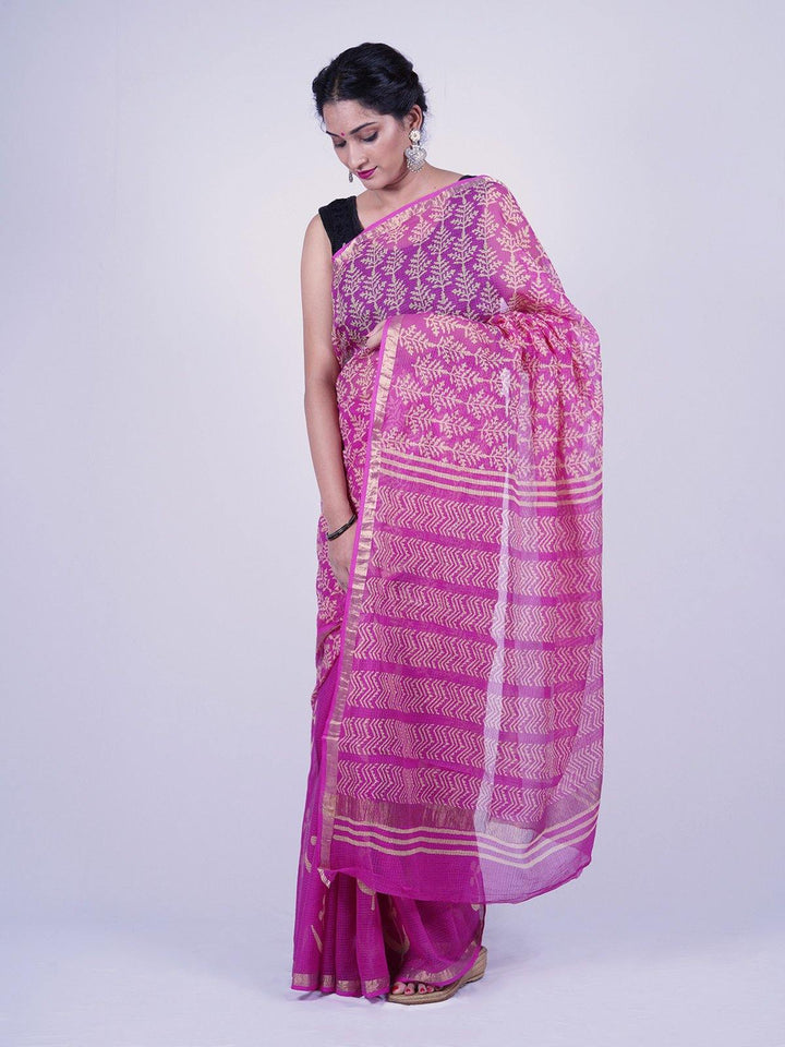 Pink Handblock Printed Kota Doria Saree - S33 Label Veena