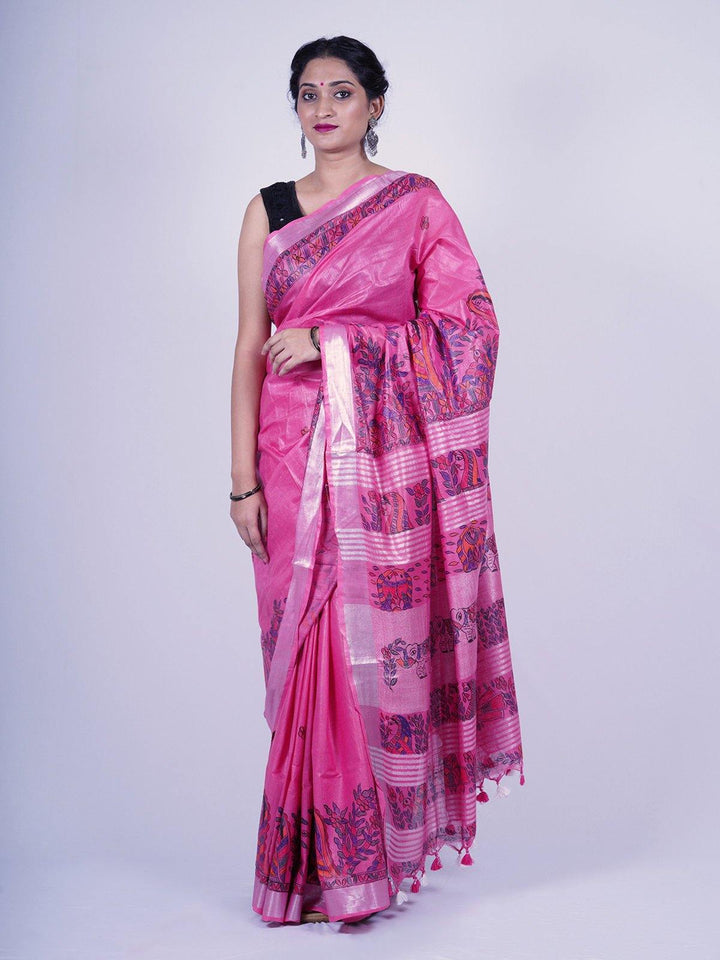 Pink Pure Cotton Madhubani Hand-Painted Linen Saree - S34 Label Veena