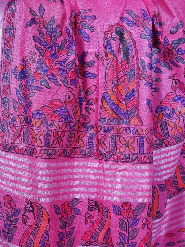 Pink Pure Cotton Madhubani Hand-Painted Linen Saree - S34 Label Veena