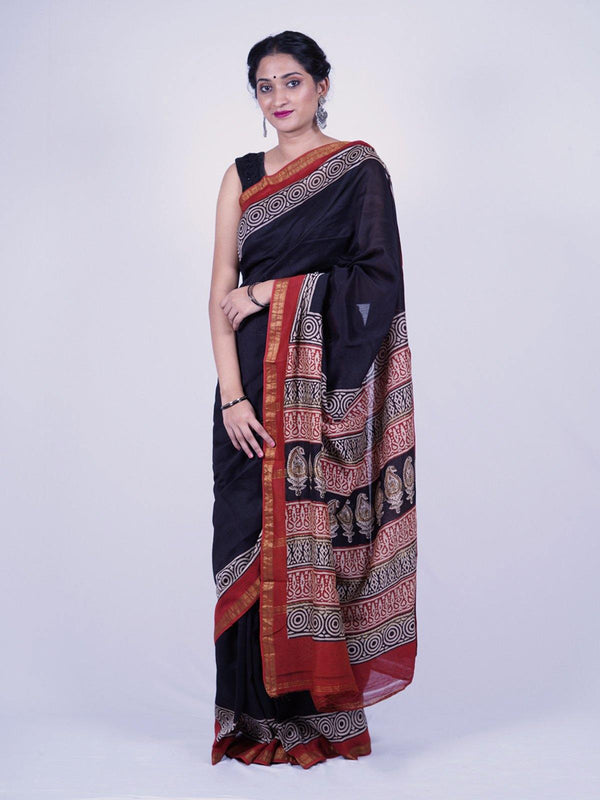 Handwoven Black Maheshwari Silk Saree - S36 Label Veena