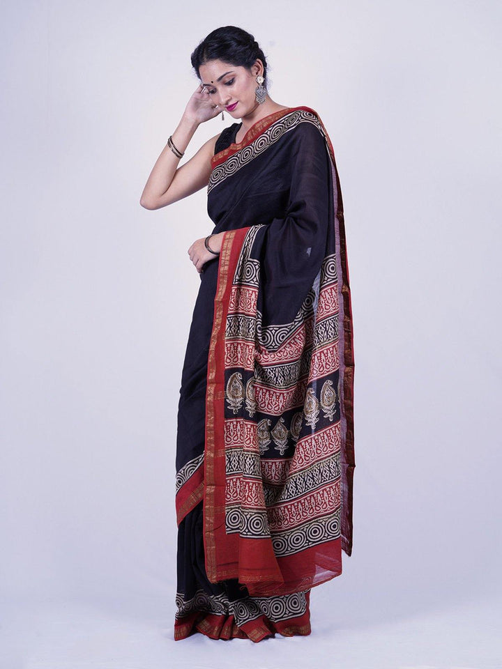 Handwoven Black Maheshwari Silk Saree - S36 Label Veena