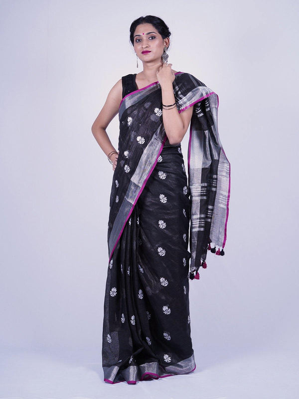 Black Pure Linen Saree with Flower Embroidery - S37 Label Veena