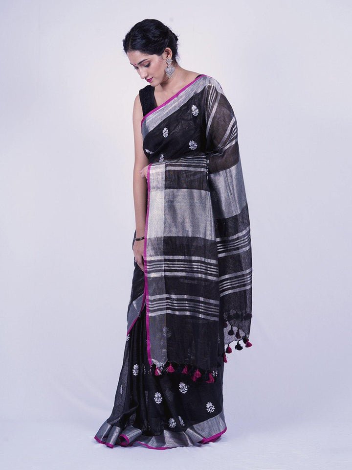 Black Pure Linen Saree with Flower Embroidery - S37 Label Veena