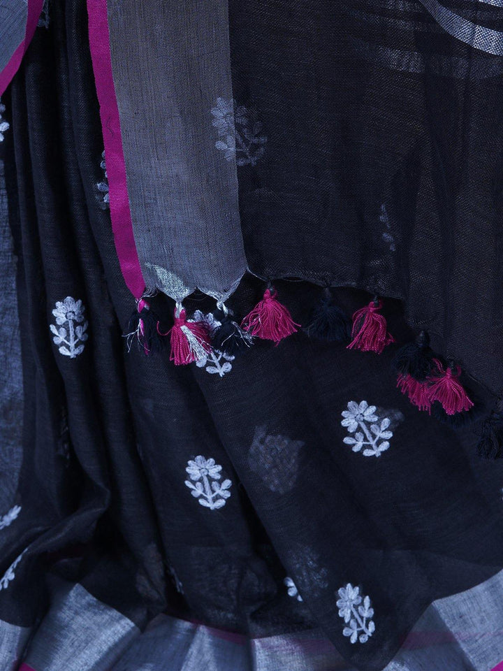 Black Pure Linen Saree with Flower Embroidery - S37 Label Veena