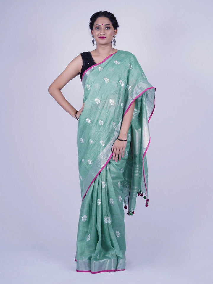 Green Pure Linen Saree With Flower Embroidery - S38 Label Veena