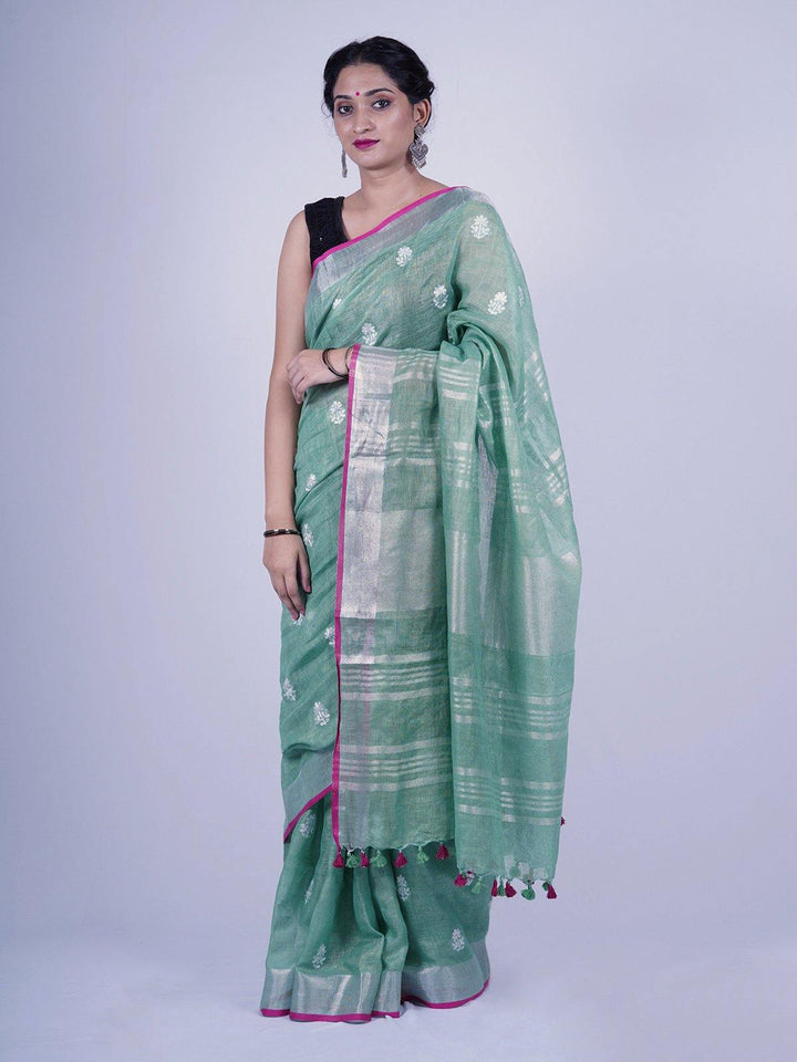 Green Pure Linen Saree With Flower Embroidery - S38 Label Veena