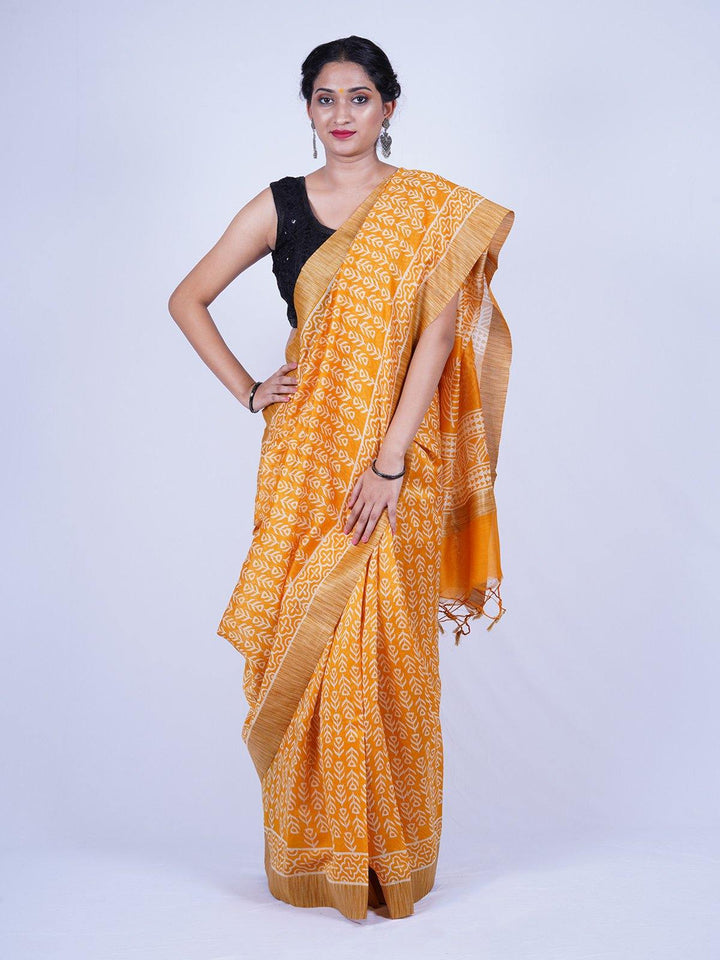 Handblock Printed Yellow Ghicha Silk Saree - S42 Label Veena