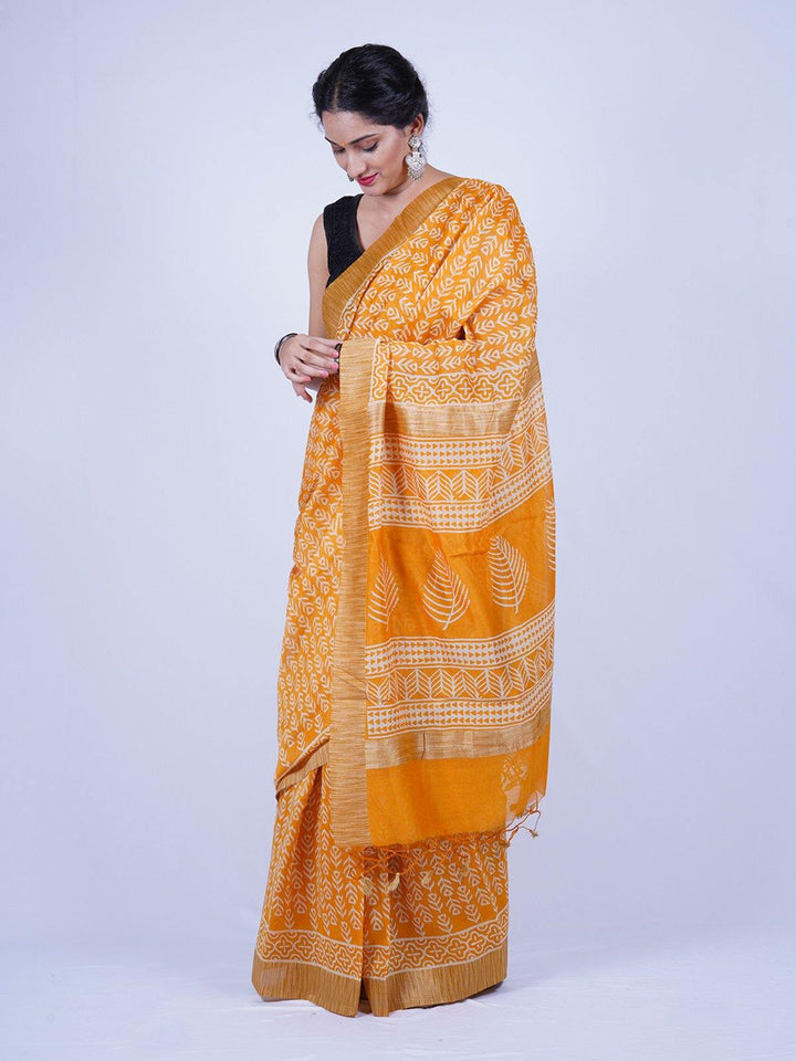 Handblock Printed Yellow Ghicha Silk Saree - S42 Label Veena