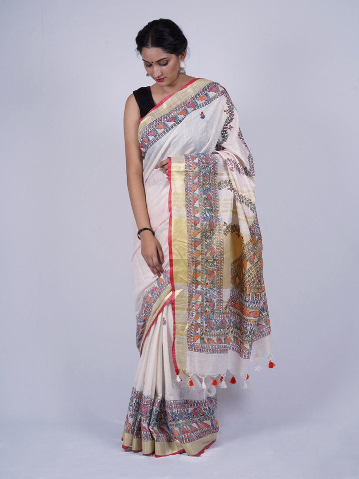 Off White Madhubani Hand-Painted Pure Cotton Linen Saree - S45 Label Veena