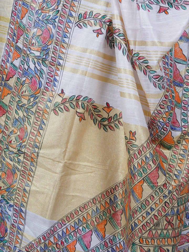 Off White Madhubani Hand-Painted Pure Cotton Linen Saree - S45 Label Veena