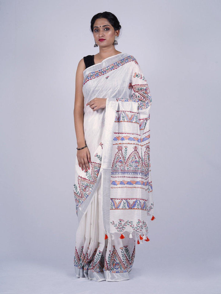 White Madhubani Hand-Painted Pure Cotton Linen Saree - S46 Label Veena