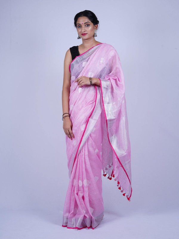 Pink Pure Linen Thread Work Saree - S47 Label Veena