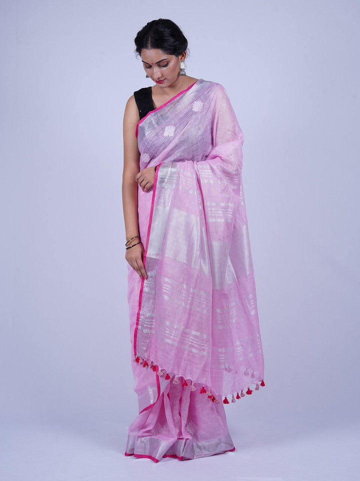 Pink Pure Linen Thread Work Saree - S47 Label Veena