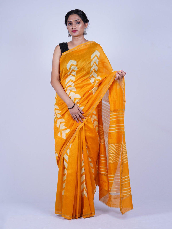 Yellow Handblock Printed Chanderi Saree - S48 Label Veena